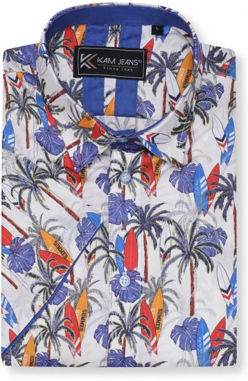 Kam Jeans 6060 Palm Tree and Surf Boards Short Sleeve Shirt White - Chemises - Chemises Grandes Tailles Hommes