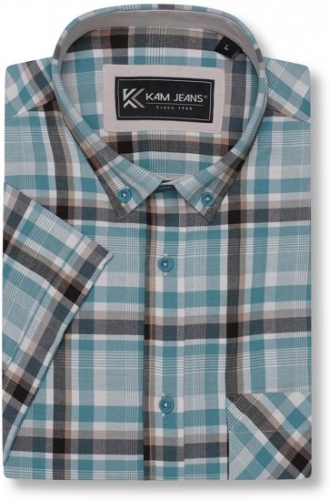 Kam Jeans 6339 Checked Short Sleeve Shirt Mineral Blue - Chemises - Chemises Grandes Tailles Hommes