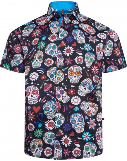Kam Jeans 6069 Skull Print Short Sleeve Black - Chemises - Chemises Grandes Tailles Hommes