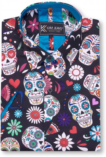 Kam Jeans 6069 Skull Print Short Sleeve Black - Chemises - Chemises Grandes Tailles Hommes