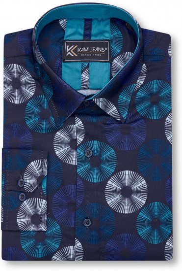 Kam Jeans 6071 Record Print Long Sleeve Shirt Navy - Chemises - Chemises Grandes Tailles Hommes