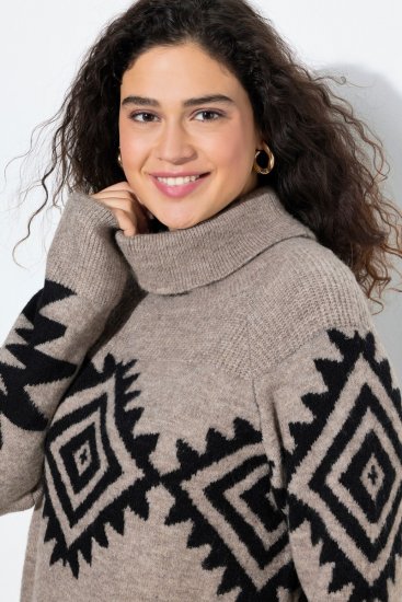 Ulla Popken Aztec Pattern Turtleneck Sweater Pebble Grey - Sweatshirts & hoodies - Sweats, hoodies et mailles douillets