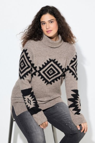 Ulla Popken Aztec Pattern Turtleneck Sweater Pebble Grey - Sweatshirts & hoodies - Sweats, hoodies et mailles douillets