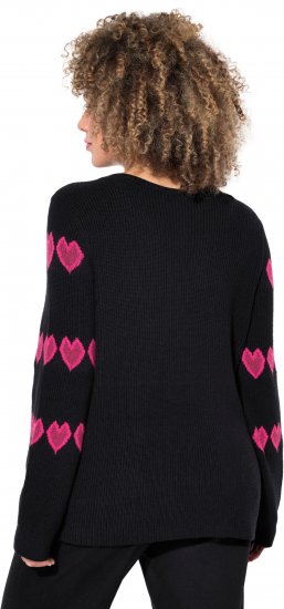 Ulla Popken Heart Print Long Sleeve V-Neck Sweater Black - Sweatshirts & hoodies - 