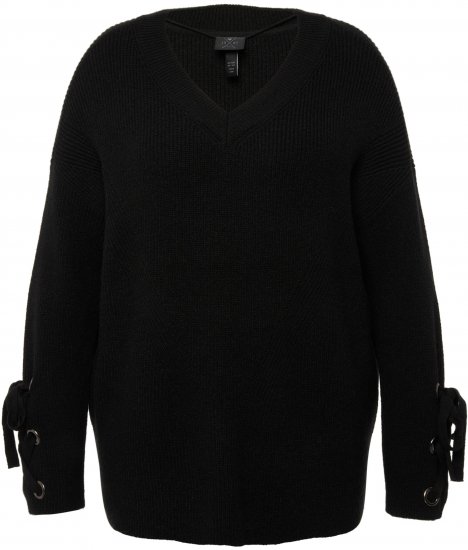 Ulla Popken Lace-Up Cuff Long Sleeve V-Neck Sweater Black - Sweatshirts & hoodies - 