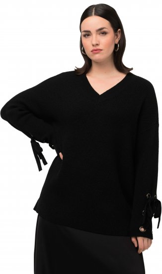 Ulla Popken Lace-Up Cuff Long Sleeve V-Neck Sweater Black - Sweatshirts & hoodies - 
