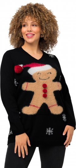 Ulla Popken Gingerbread Man Christmas Sweater Black - Sweatshirts & hoodies - 