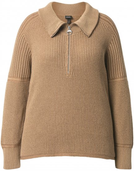 Ulla Popken Two-Tone Mixed Knit Troyer Collar Sweater Caramel - Sweatshirts & hoodies - 