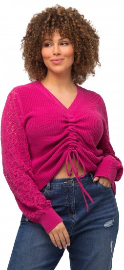Ulla Popken Shaker Stitch Cropped Gathered Sweater Fuchsia Pink - Sweatshirts & hoodies - 