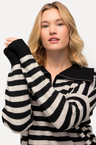 Ulla Popken Striped Troyer Collar Sweater Black - Sweatshirts & hoodies - Sweats, hoodies et mailles douillets