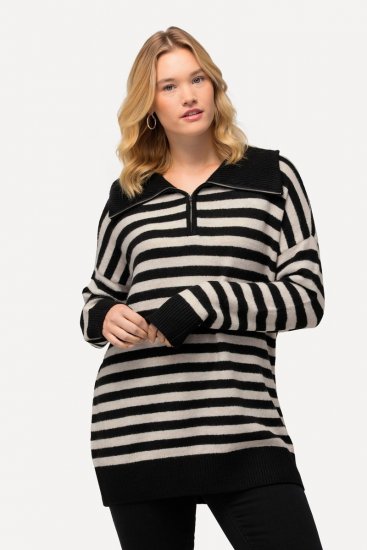 Ulla Popken Striped Troyer Collar Sweater Black - Sweatshirts & hoodies - Sweats, hoodies et mailles douillets