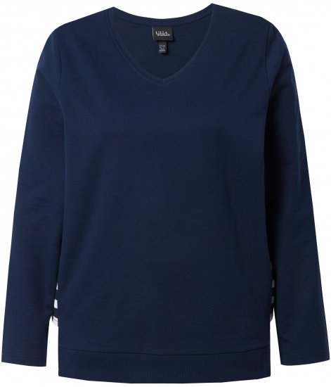Ulla Popken Stripe Panel Long Sleeve V-Neck Sweatshirt Navy - Sweatshirts & hoodies - 