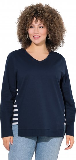 Ulla Popken Stripe Panel Long Sleeve V-Neck Sweatshirt Navy - Sweatshirts & hoodies - 