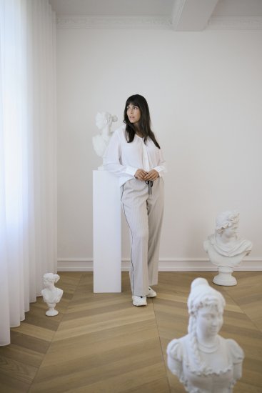 Kaffe Curve Sirana Pants Beige Melange/Black Stripe - Pantalons en tissu - 