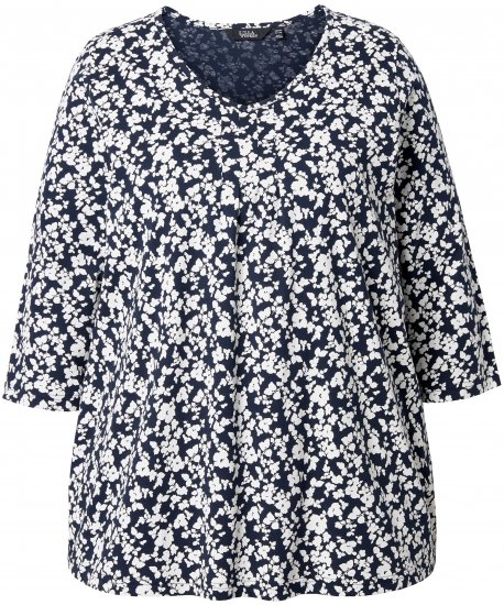 Ulla Popken Floral 3/4 Sleeve V-Neck A-Line Tee Navy - T-shirts - 