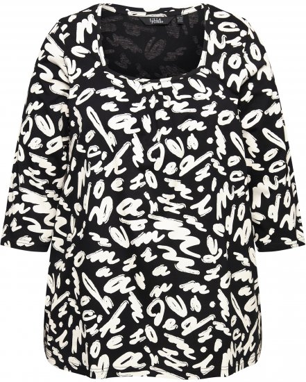 Ulla Popken Scribble Print Square Neck 3/4 Sleeve Tee Black - T-shirts imprimés pour femme - 