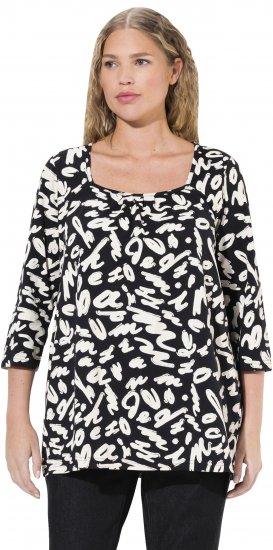 Ulla Popken Scribble Print Square Neck 3/4 Sleeve Tee Black - T-shirts imprimés pour femme - 
