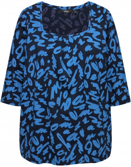 Ulla Popken Scribble Print Square Neck 3/4 Sleeve Tee Navy - T-shirts imprimés pour femme - 