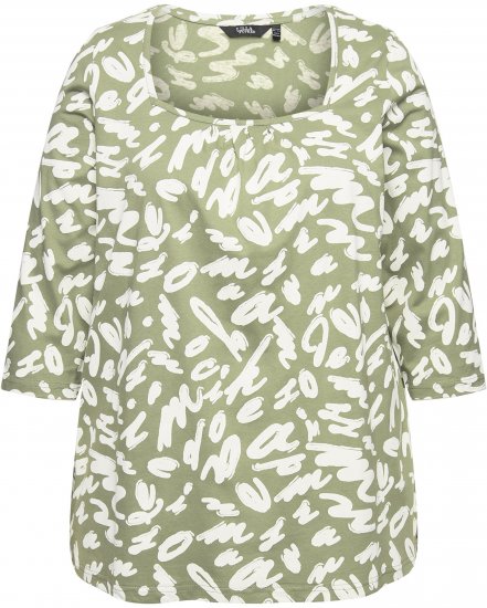 Ulla Popken Scribble Print Square Neck 3/4 Sleeve Tee Sage Green - T-shirts imprimés pour femme - 