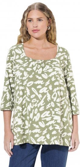 Ulla Popken Scribble Print Square Neck 3/4 Sleeve Tee Sage Green - T-shirts imprimés pour femme - 