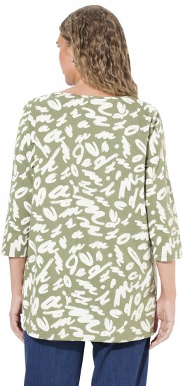 Ulla Popken Scribble Print Square Neck 3/4 Sleeve Tee Sage Green - T-shirts imprimés pour femme - 
