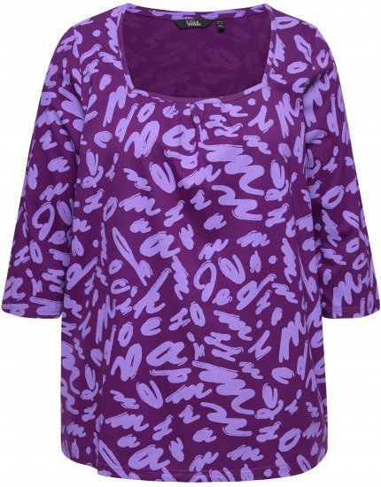 Ulla Popken Scribble Print Square Neck 3/4 Sleeve Tee Violet - T-shirts imprimés pour femme - 