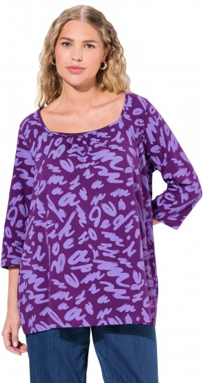 Ulla Popken Scribble Print Square Neck 3/4 Sleeve Tee Violet - T-shirts imprimés pour femme - 