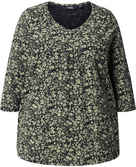 Ulla Popken Pleated Floral Print 3/4 Sleeve Tee Pond Green - T-shirts imprimés pour femme - 