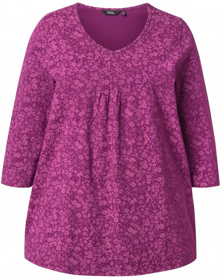 Ulla Popken Pleated Floral Print 3/4 Sleeve Tee Raspberry - T-shirts imprimés pour femme - 