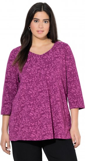 Ulla Popken Pleated Floral Print 3/4 Sleeve Tee Raspberry - T-shirts imprimés pour femme - 