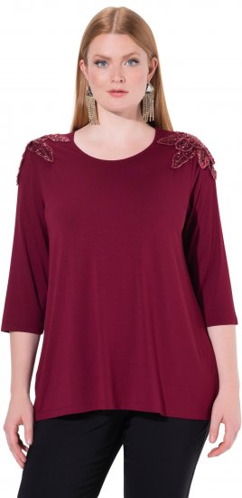 Ulla Popken Flower Epaulet 3/4 Sleeve Top Dark Cherry Red - T-shirts imprimés pour femme - 