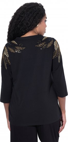 Ulla Popken Feather Beadwork 3/4 Sleeve Top Black - T-shirts imprimés pour femme - 