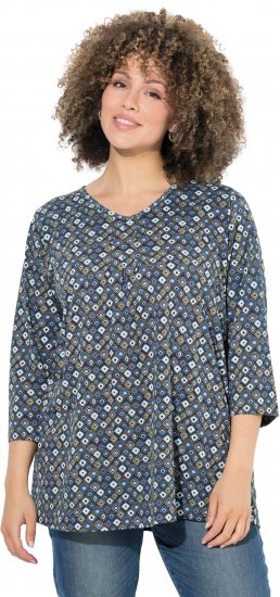 Ulla Popken Graphic Print Pleated 3/4 Sleeve Tee Atlantic Blue - T-shirts - 