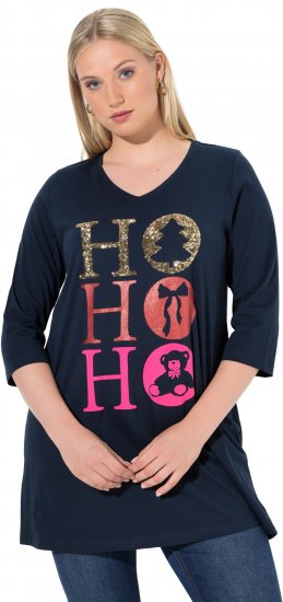 Ulla Popken Ho Ho Ho 3/4 Sleeve Graphic Tunic Tee Navy - T-shirts - 