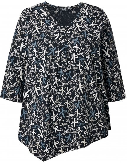 Ulla Popken Ribbon Print 3/4 Sleeve Asymmetric Tee Black - T-shirts imprimés pour femme - 