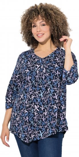 Ulla Popken Ribbon Print 3/4 Sleeve Asymmetric Tee Navy - T-shirts imprimés pour femme - 