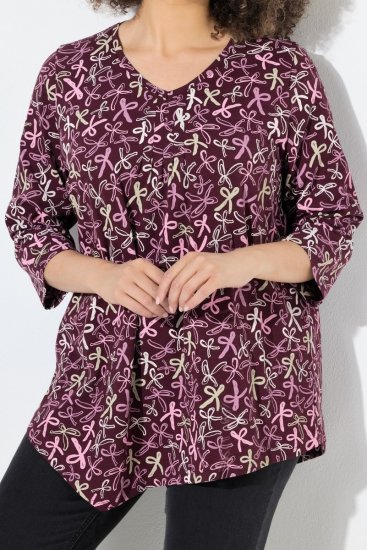 Ulla Popken Ribbon Print 3/4 Sleeve Asymmetric Tee Plum - T-shirts imprimés pour femme - Tee-shirts à motifs pour femme