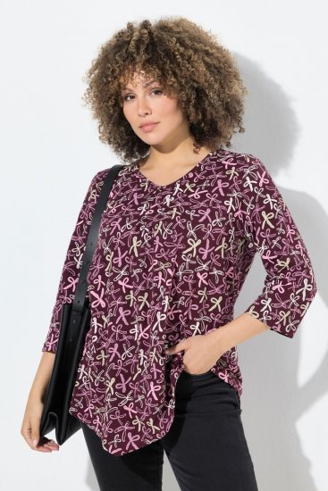Ulla Popken Ribbon Print 3/4 Sleeve Asymmetric Tee Plum - T-shirts imprimés pour femme - Tee-shirts à motifs pour femme