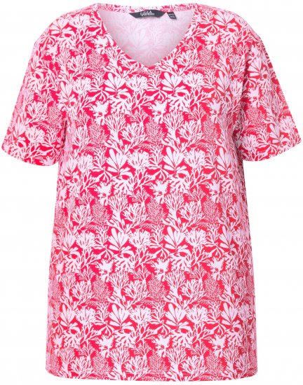 Ulla Popken Coral Reef Printed Short Sleeve V-Neck Tee Lychee - T-shirts imprimés pour femme - 