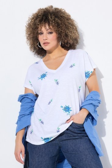 Ulla Popken Cross Stitch Short Sleeve Tee Snow White - T-shirts imprimés pour femme - Tee-shirts à motifs pour femme