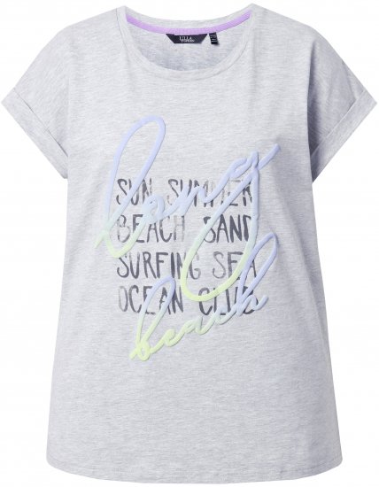 Ulla Popken Long Beach Lettering Cap Sleeve Tee Light Grey Melange - T-shirts imprimés pour femme - 