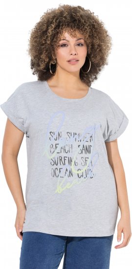 Ulla Popken Long Beach Lettering Cap Sleeve Tee Light Grey Melange - T-shirts imprimés pour femme - 