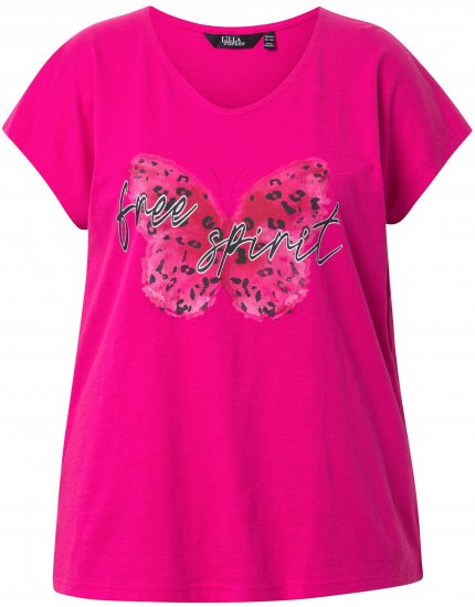Ulla Popken Free Spirit Butterfly Cap Sleeve Graphic Tee Magenta Pink - T-shirts imprimés pour femme - 