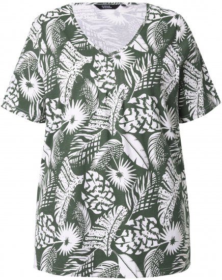 Ulla Popken Feather Print Short Sleeve V-Neck Tee Olive Grey - T-shirts imprimés pour femme - 