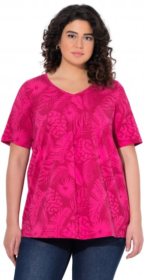 Ulla Popken Feather Print Short Sleeve V-Neck Tee Berry - T-shirts imprimés pour femme - 