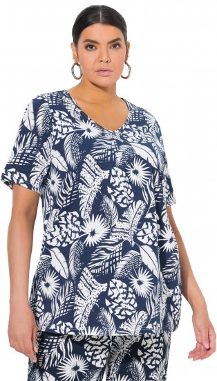 Ulla Popken Feather Print Short Sleeve V-Neck Tee Ink Blue - T-shirts imprimés pour femme - 