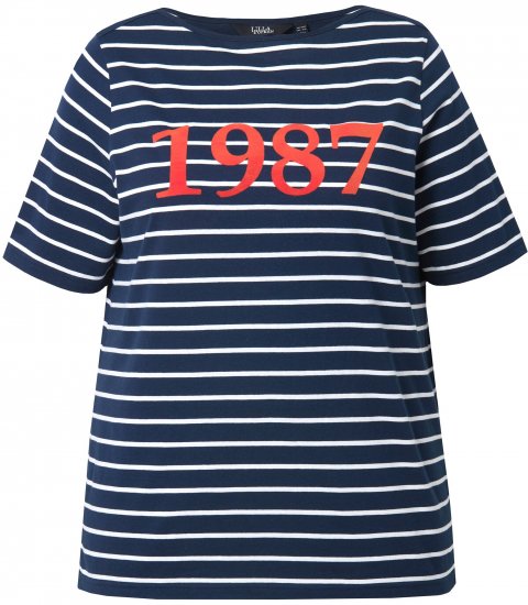 Ulla Popken Striped 1987 Boat Neck Tee Navy Blue - T-shirts imprimés pour femme - 