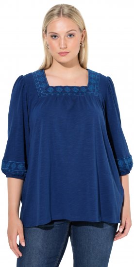 Ulla Popken Embroidered Detail 3/4 Sleeve Tee Dark Blue - T-shirts imprimés pour femme - 